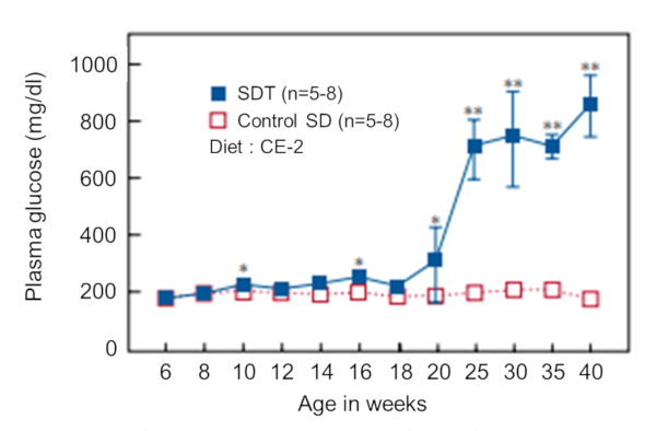Figure-2 . Plasma glucose levels of male SDT rats in Non-fasting period (＊P<0.05, ＊＊ P<0.01)