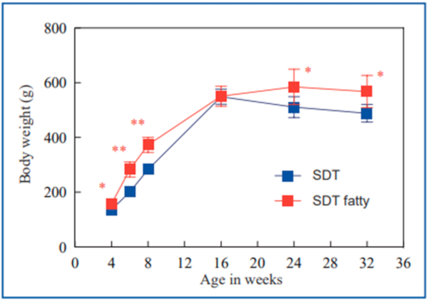 Figure-1 . Changes in body weight of male SDT fatty rats (＊P<0.05, ＊＊ P<0.01)